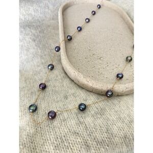 Gold Tone Peacock Tahitian Pearl Station Necklace Purple Blue Green Dainty